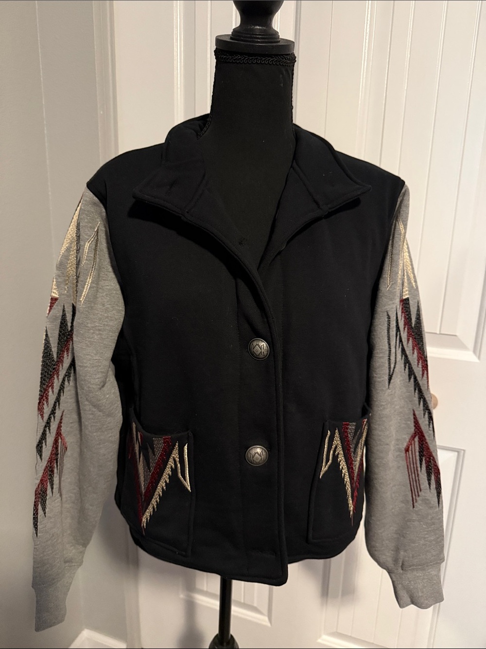 Ariat Black Body Varsity Jacket with Gray Sleeves and Red Cream Embroidery